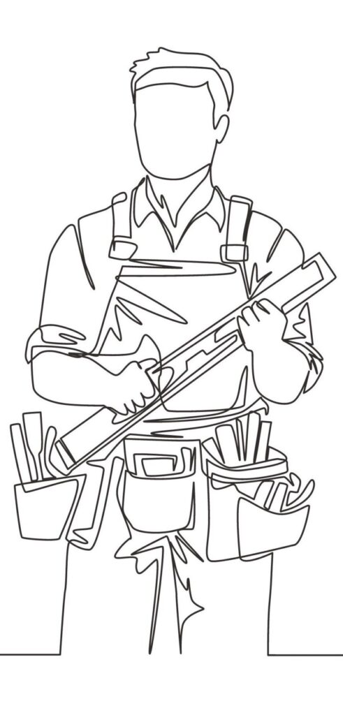 Zeichnung eines Handwerkers mit Arbeitsutensilien